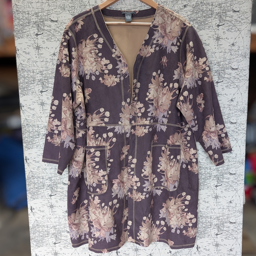 Plus Size Chelsea & Theodore Floral Open Front Jacket - Purple and Tan Size 3X